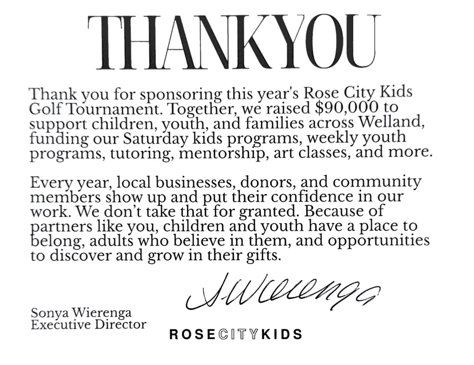Thank-you card from Rose City Kids to Green Integrations for sponsoring the Rose City Kids Golf Tournament, signed by Sonya Wierenga, Executive Director.