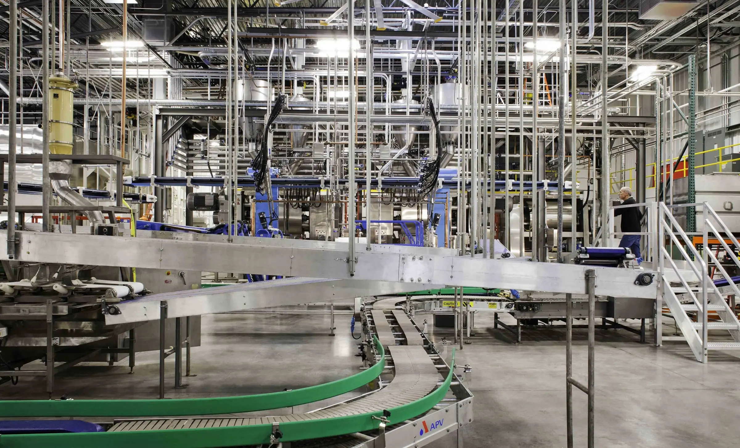 Food processing facility with industrial production equipment and automated manufacturing systems