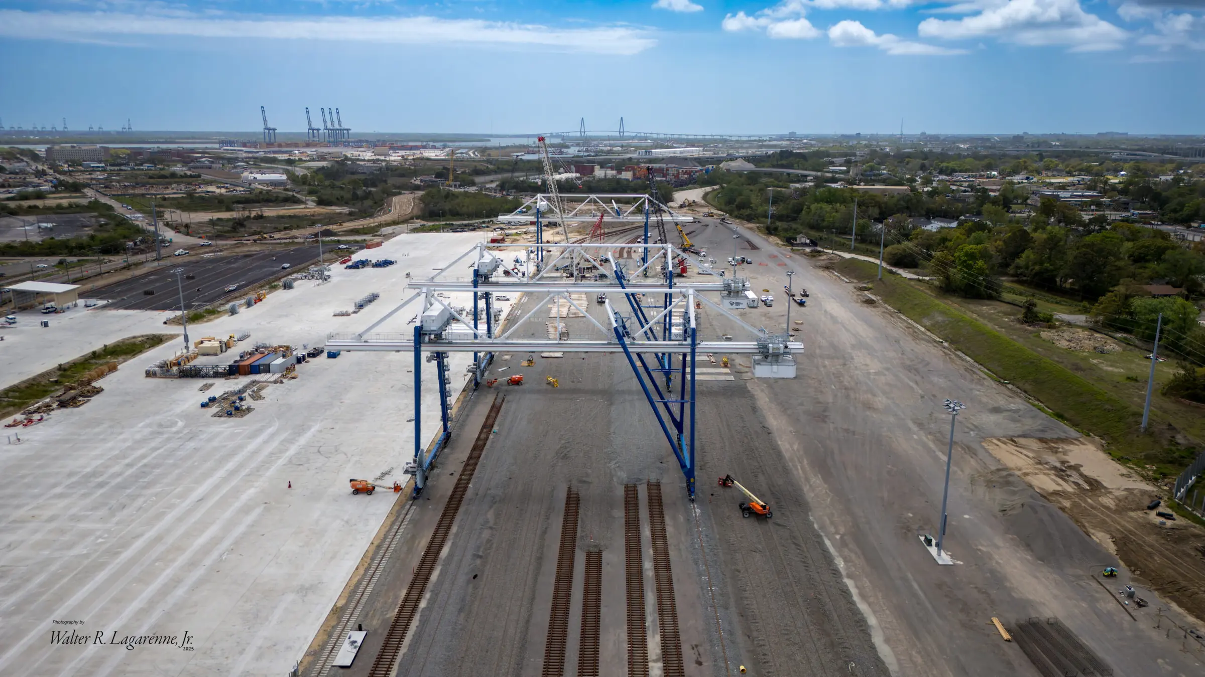 Intermodal freight terminal with material handling equipment and logistics infrastructure