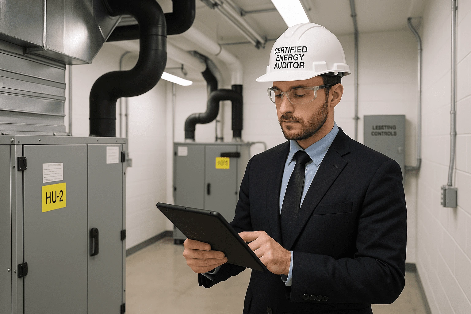 Engineer reviewing thermal imaging on a commercial HVAC system during an energy audit