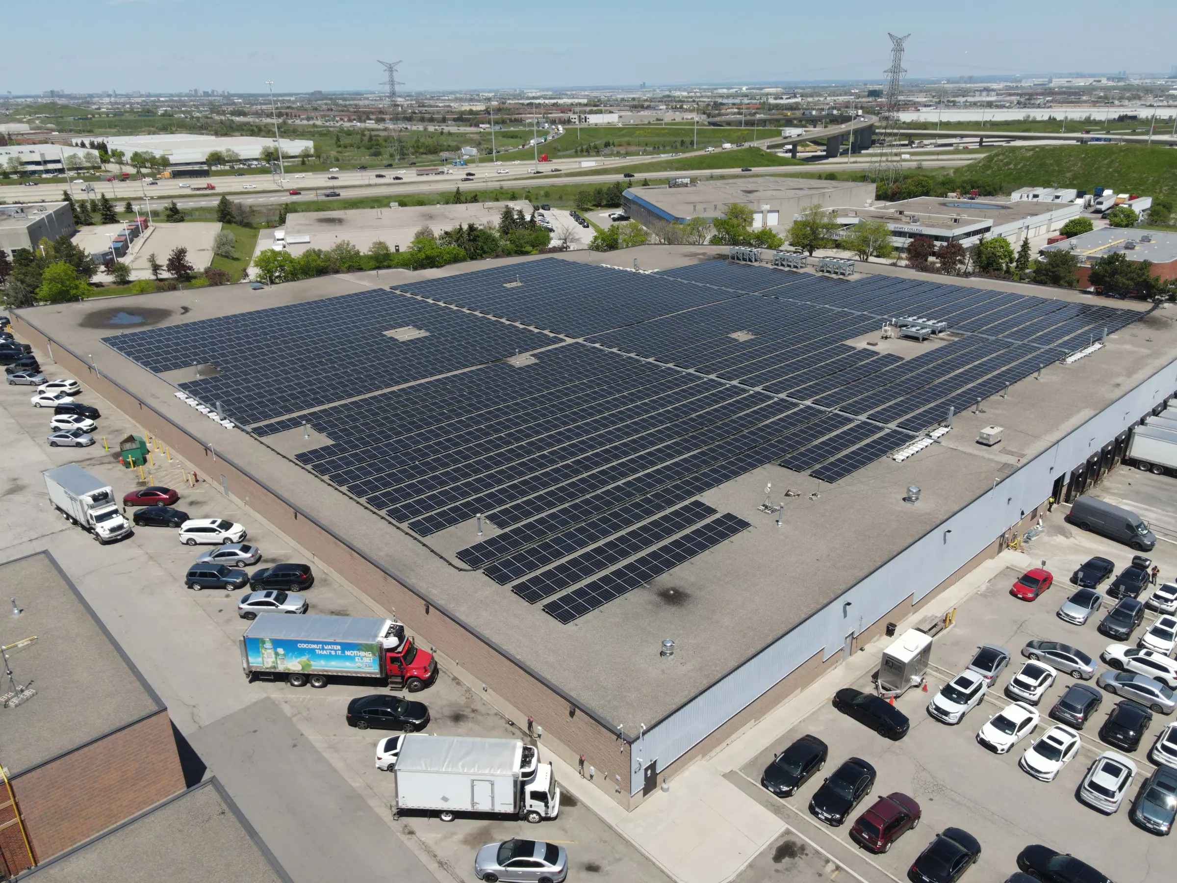 Aerial view of 1.27 MW rooftop solar installation at Rabba Fine Foods, Mississauga