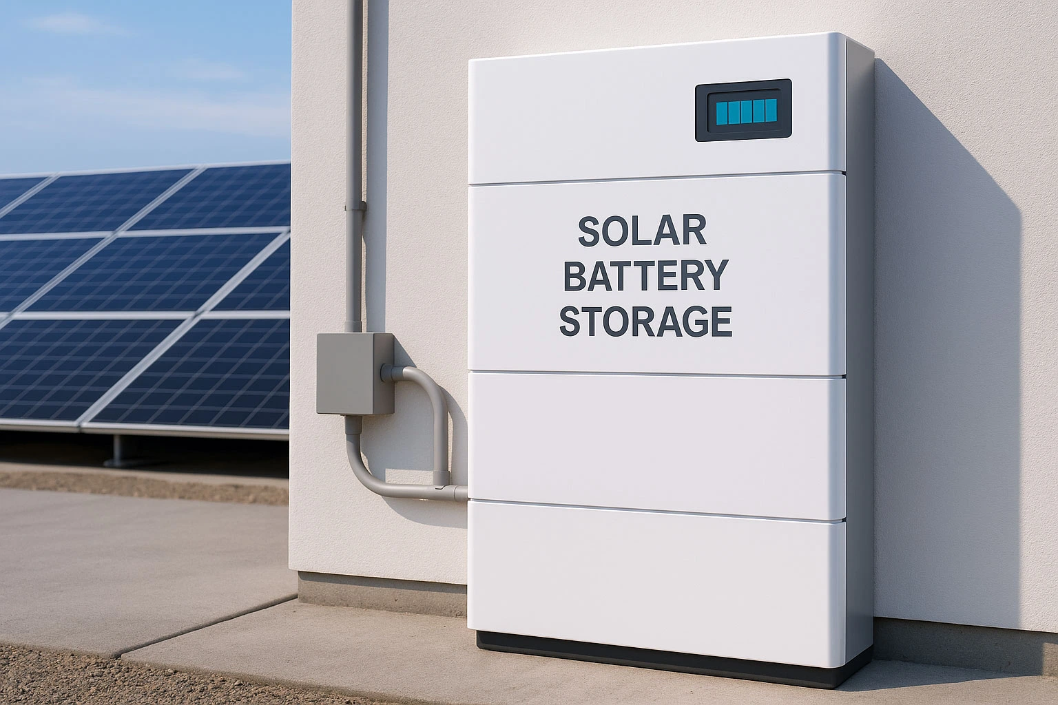 Commercial solar battery storage cabinet next to rooftop solar panels