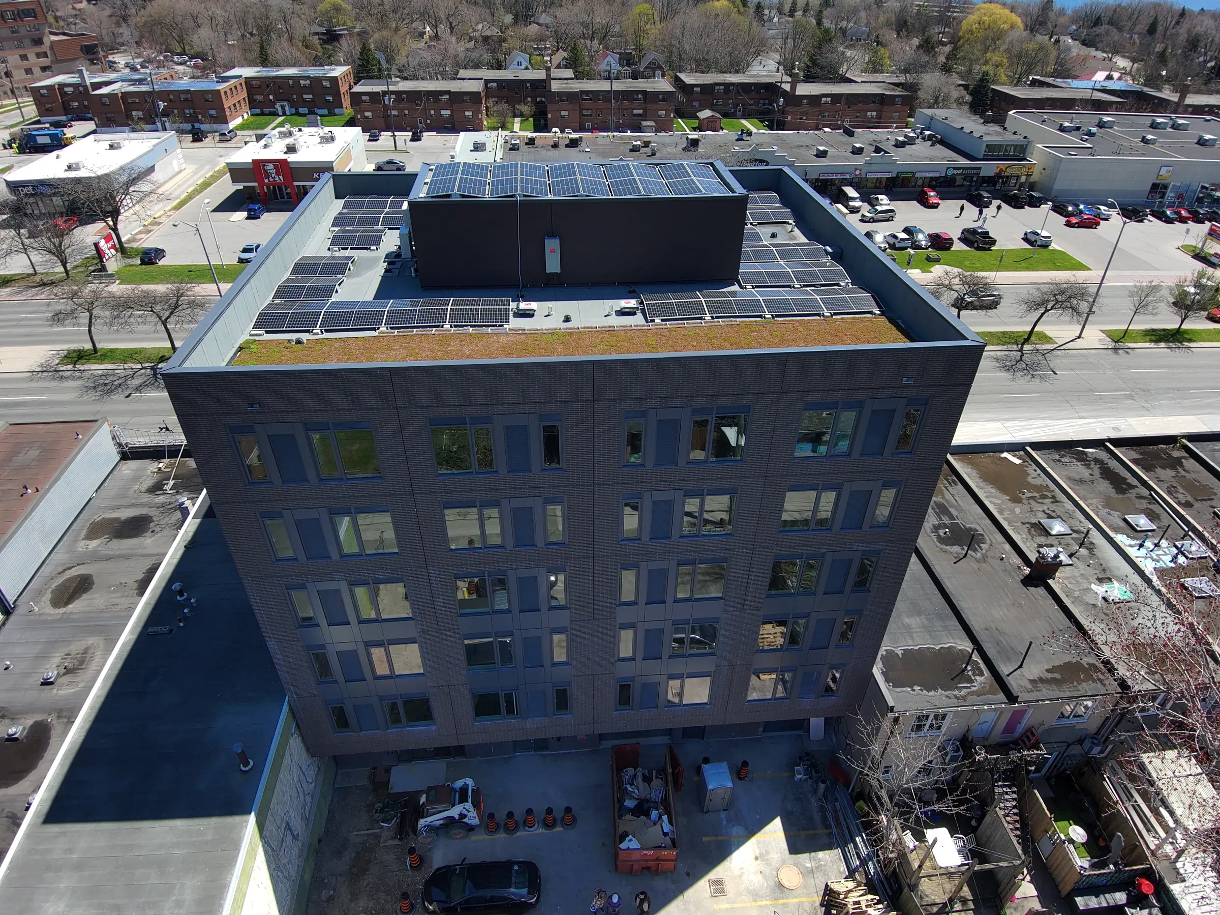 Aerial view of the completed commercial building