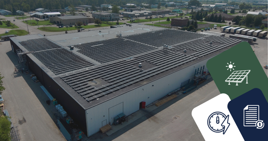Aerial view of a commercial rooftop solar installation with icons representing solar generation, electricity pricing and timing.