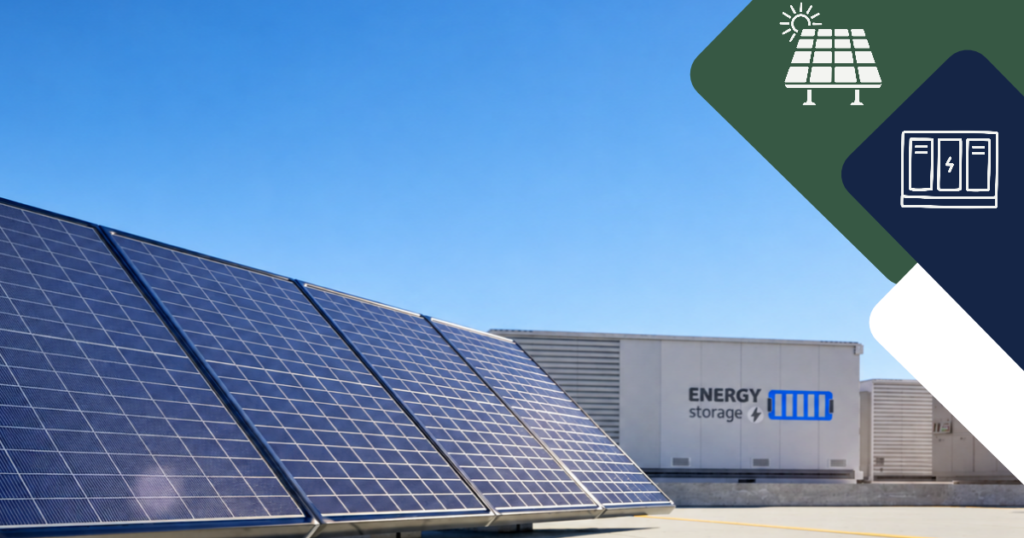 Commercial rooftop solar array with a battery storage charge graphic and the headline: When does combining solar and storage create more value?