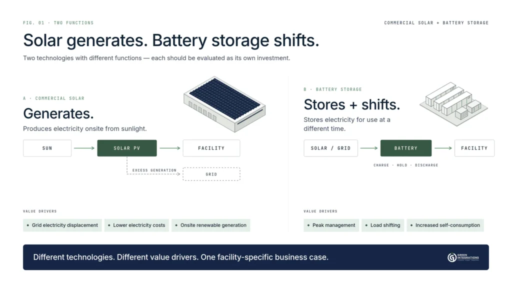 Diagram: commercial solar generates electricity onsite, while a battery energy storage system stores power from solar or the grid for later use